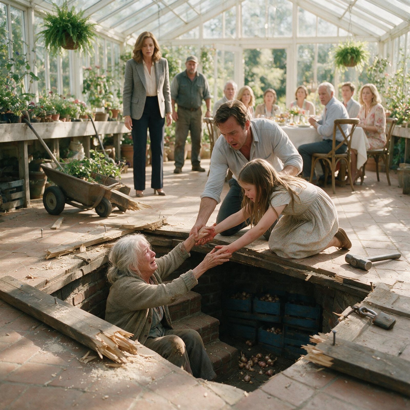 An eleven-year-old girl kneeling on a conservatory floor gripping her grandmother's hands through a root-cellar hatch she has just smashed open, broken boards and a snapped padlock beside her while the family watches from the brunch table
